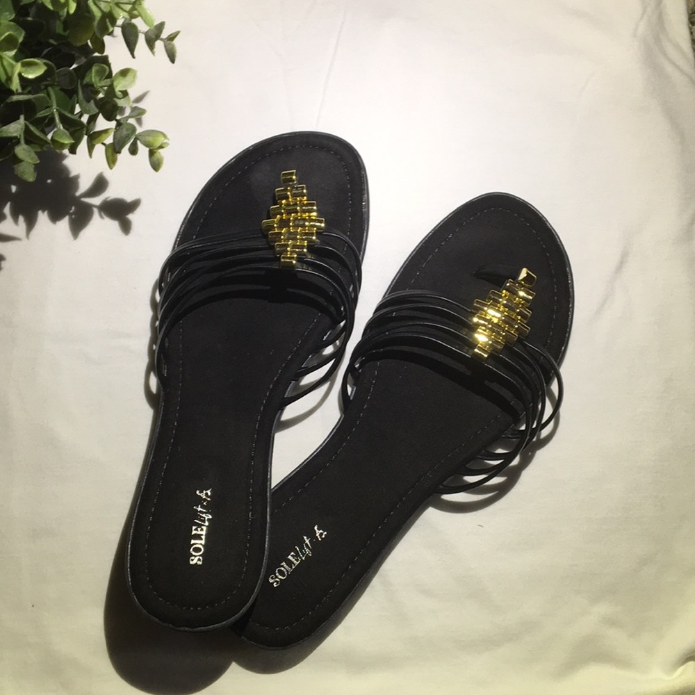 Ashley Stewart Sole Lift Black & Gold Strap Sandal